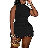 Cupitool Sexy Crochet Fringe Mini Dresses for Women Summer Sleeveless Hollow Out Tassel Knit Bodycon Dress