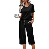 Ekouaer Womens Pajama Sets Soft Cotton Pj Short Sleeve Top with Capri Pants Sleepwear 2 Piece Print Loungewear,S-XXL