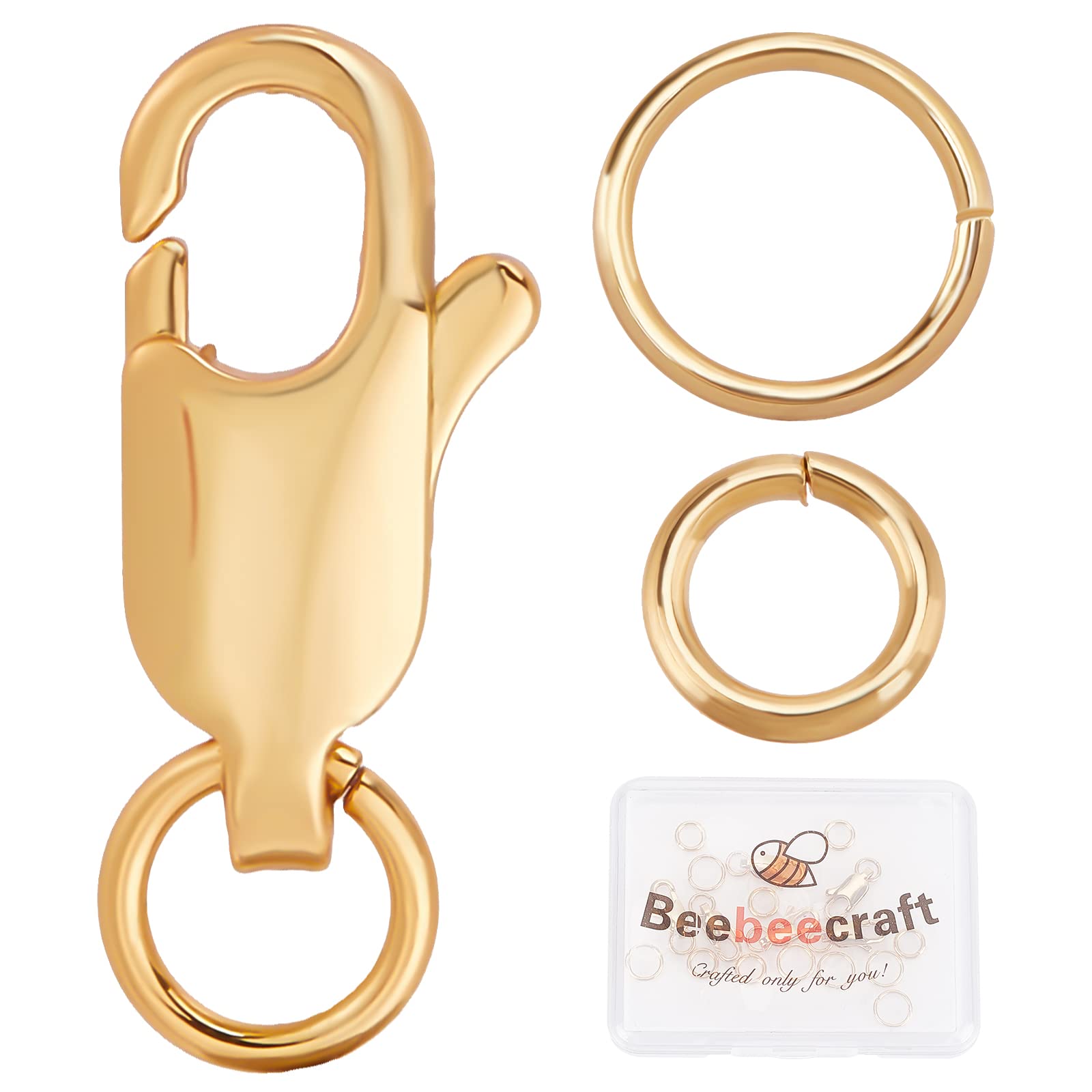 Beebeecraft 6Pcs 18K Gold Plated Brass Jewelry Lobster Clasp 15mm/0.6in Large Lobster Claw Clasps with 12Pcs 6/7mm Open Jump Ring for Bracelets Necklace Jewellery Making DIY Craft