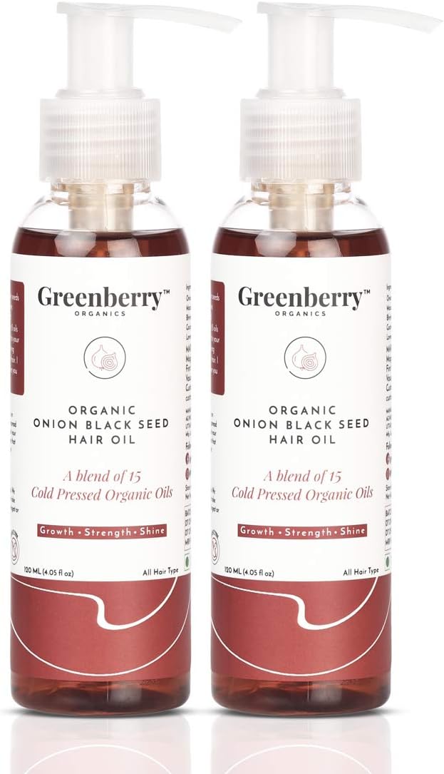 Greenberry Organics Onion Black Seed Hair Oil, Bhringraj, Argan, Jaborandi, Neem, Ginger, Growth, Anti - Dandruff, For Men, Women, Organic & Herbal, 120 ML X 2 Bottles