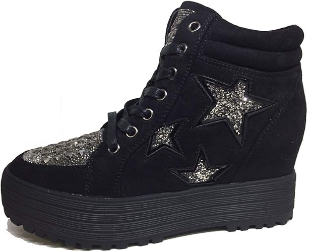 Amazon スニーカー レディース インヒール Ventianni ラインストーン インヒールスニーカー 星 キラキラ シューズ ヴェンティアンニ 靴 厚底 ハイカット スニーカー 美脚 女性 黒 ブラック Venti Anni スニーカー