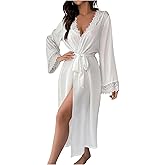 GORGLITTER Women's Long Bride Robe Satin Lace Kimono Long Sleeve Sexy Lingerie Bridesmaid Robes V Neck Sleepwear