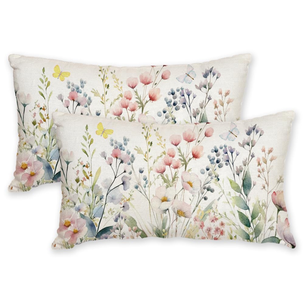 AACORS Spring Pillow Covers 12x20 Set of 2,Floral Butterfly Decorations Seasonal Farmhouse Summer Pillow Case Decor for Sofa Couch AA481-12-2