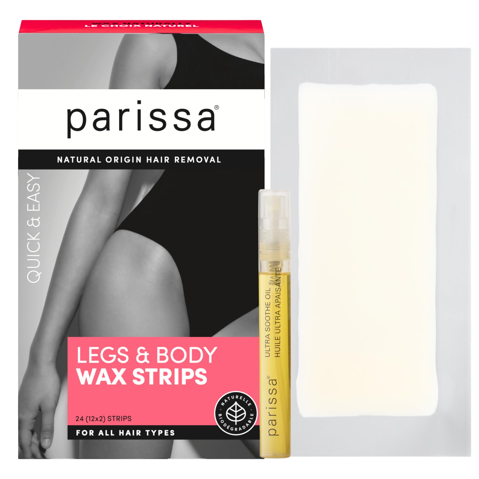 Parissa Legs & Body 24 Biodegradable Wax Strips Kit for At-Home Hair Removal with Ready-to-Use Large Wax Strips for All Hair Types
