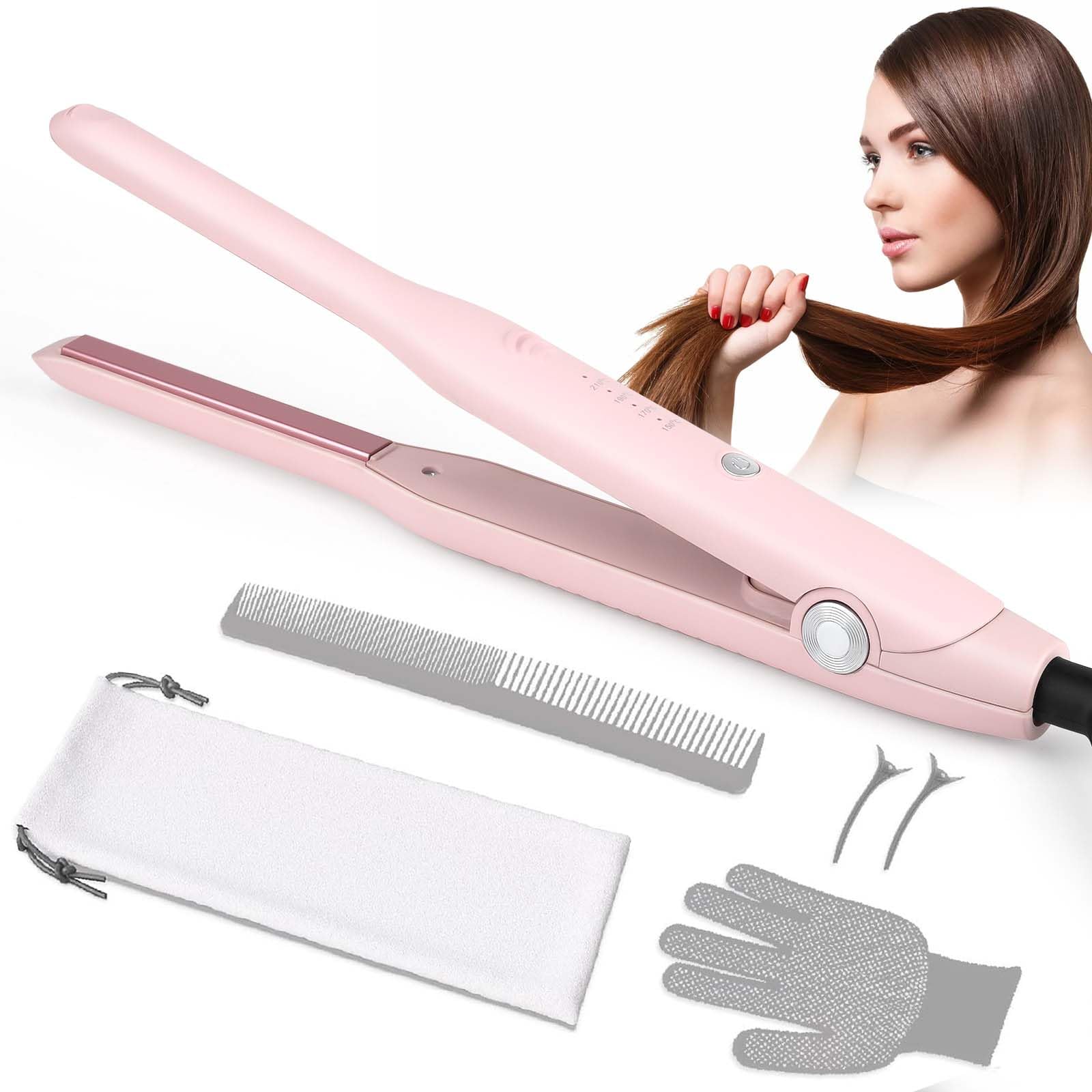 Hair Straightener, Pencil Straighteners for Short Hair, Mini Hair Straighteners for Woman and Man, Ceramic Panel with 4-Step Temperature Setting and Anti-scalding（Pink）