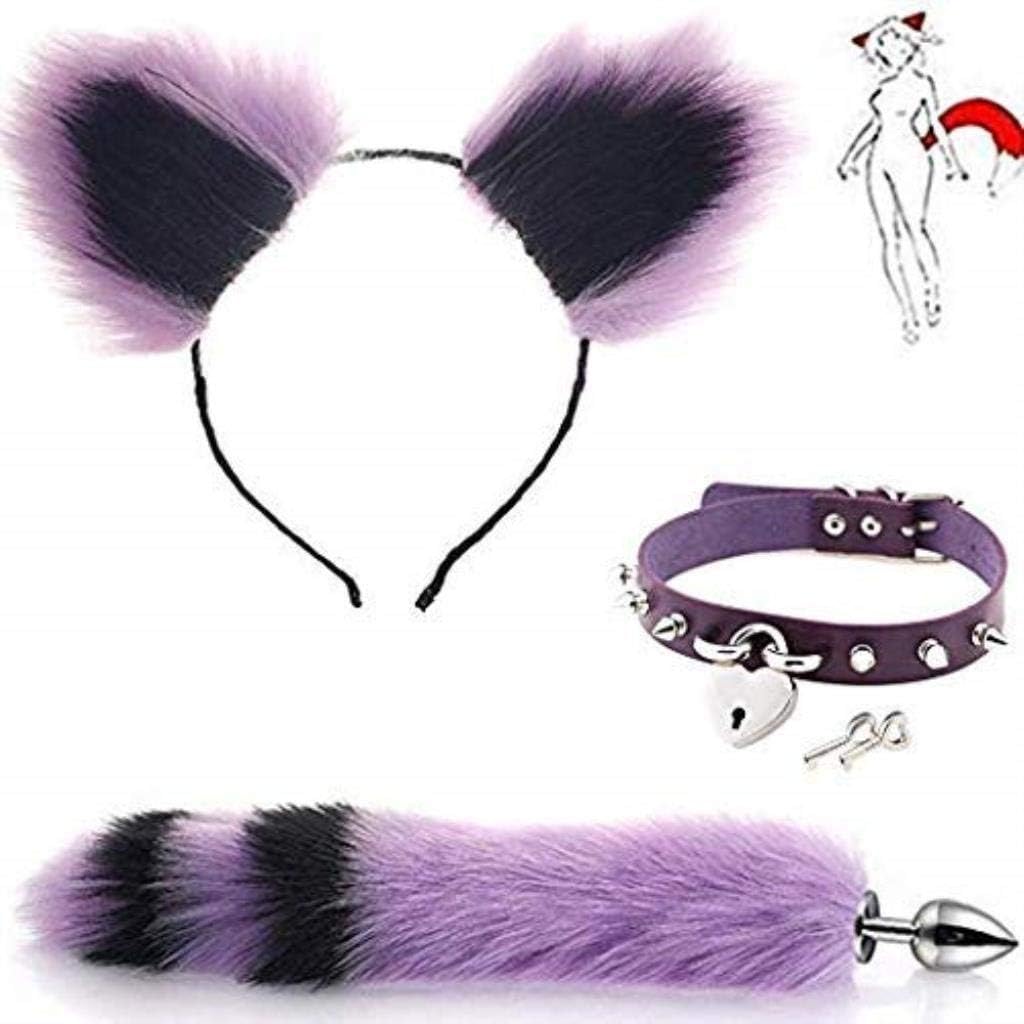 Furry Stainless Fox Tail & Cat Ear Headband Choker Set（Purple&Black） Plush Fox Tail Sexy Cos-Fluffy B-ütt P-l-ǔ-g Fox