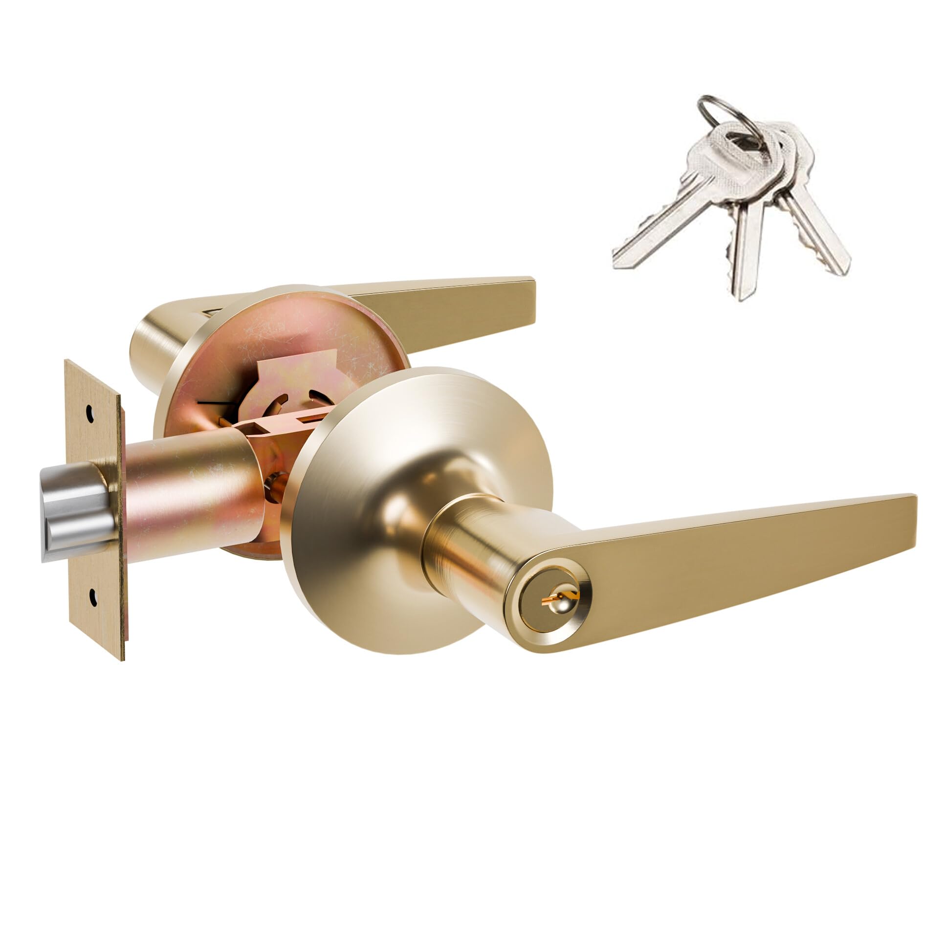 1 Pack of HAIFUAN Door Lever Handle Lockset, Doob Knob for Use of Entry, Gold Color, Come with 3 Keys(802G-K)
