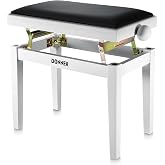 Donner Adjustable Piano Bench-Solid Wood Keyboard Bench Piano Chair Seat with High-Density Sponges Cushion, Wooden Piano Stool with Metal Lifting Devices, White