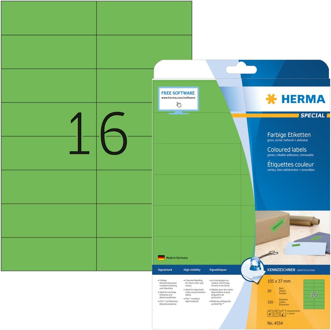 HERMA Self-Adhesive Coloured Labels, 16 per A4 Sheet, 20 Sheets, 105 x 37 mm, 320 Total