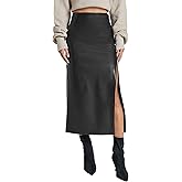 Ezcosplay Women High Waisted Faux Leather Side Slit Skirt PU Leather Bodycon Split Thigh Long Skirt