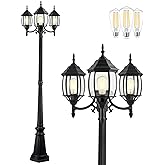 PARTPHONER Outdoor Lamp Post Light 3-Head, Classic Black with Clear Glass Panels, E26 Base Maximum 100W (3 LED Bulbs Included