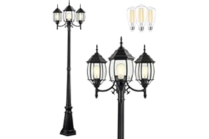 PARTPHONER Outdoor Lamp Post Light 3-Head, Classic Black with Clear Glass Panels, E26 Base Maximum 100W (3 LED Bulbs Included), Waterproof Street Light for Backyard, Garden, Driveway
