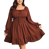 SCOMCHIC Womens Plus Size Dresses Long Sleeve Square Neck Smocked Casual Ruffle A-Line Flowy Fall Mini Milkmaid Dress