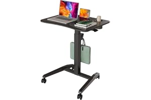 Gibbon Mounts Mobile Standing Desk, Height Adjustable Rolling Laptop Desk with Cup Holder, 27 inches Portable Sit Stand Desk with Wheels and Hook, Pneumatic Computer Table, Black