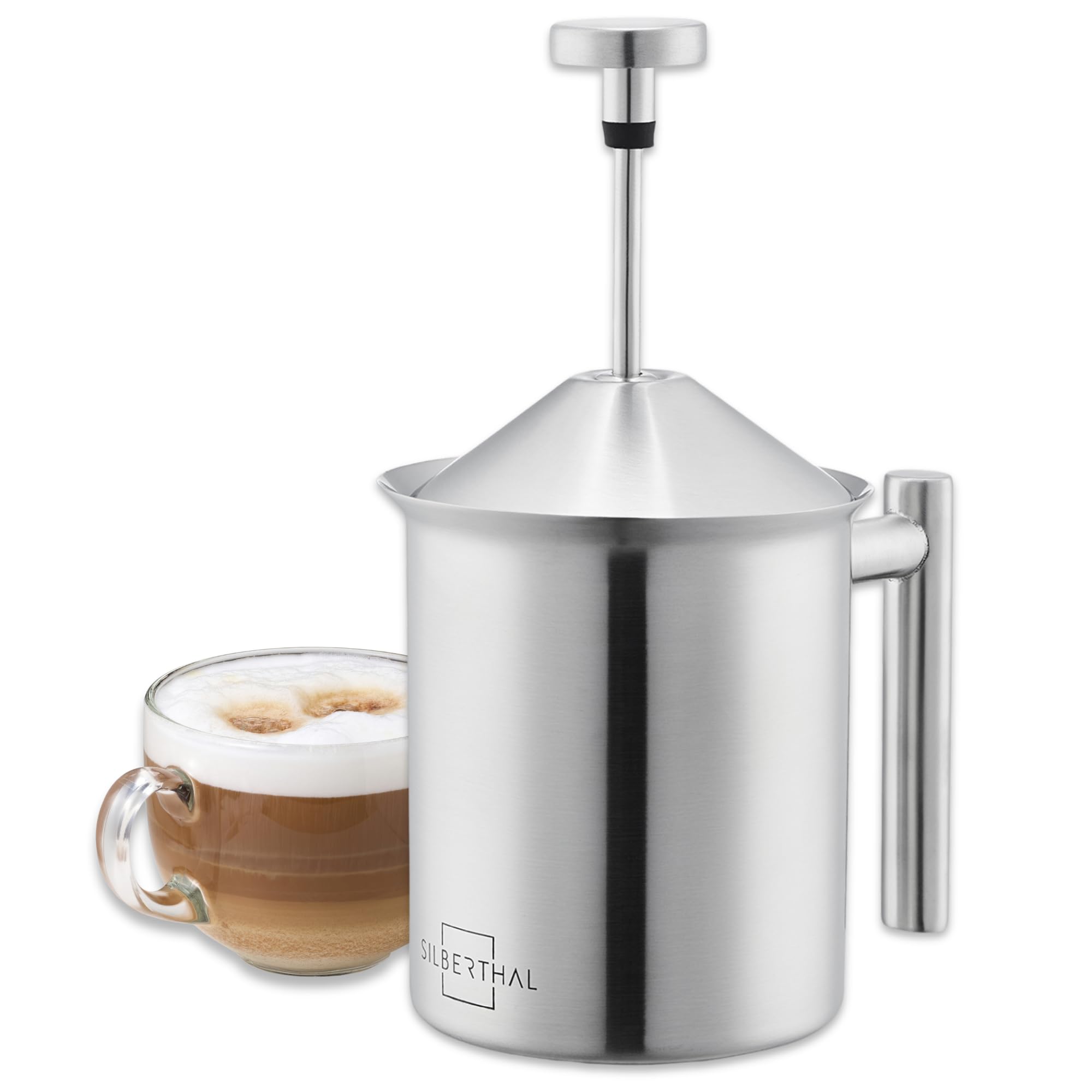 SILBERTHAL Stainless Steel Manual Milk Frother 400 ml with Graduated Scale – Barista Emulsifier Ideal Milk Frother Cappuccino and Latte Macchiato