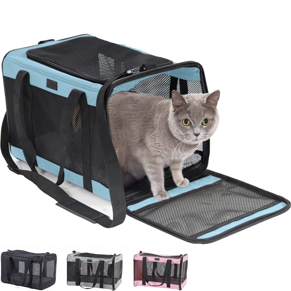 GORILLA GRIP Airline Travel Cat Carrier Bag Up to 15 Lbs, Breathable Mesh Collapsible Pet Carriers for Small, Medium Cats, Small Dogs, Puppies, Portable Kennel with Soft Washable, Light Blue