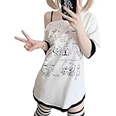 Y2k Kawaii Shirts for Women Cartoon Graphic Tees Off Shoulder Cutecore Shirts Harajuku Fashion Gothic Tops