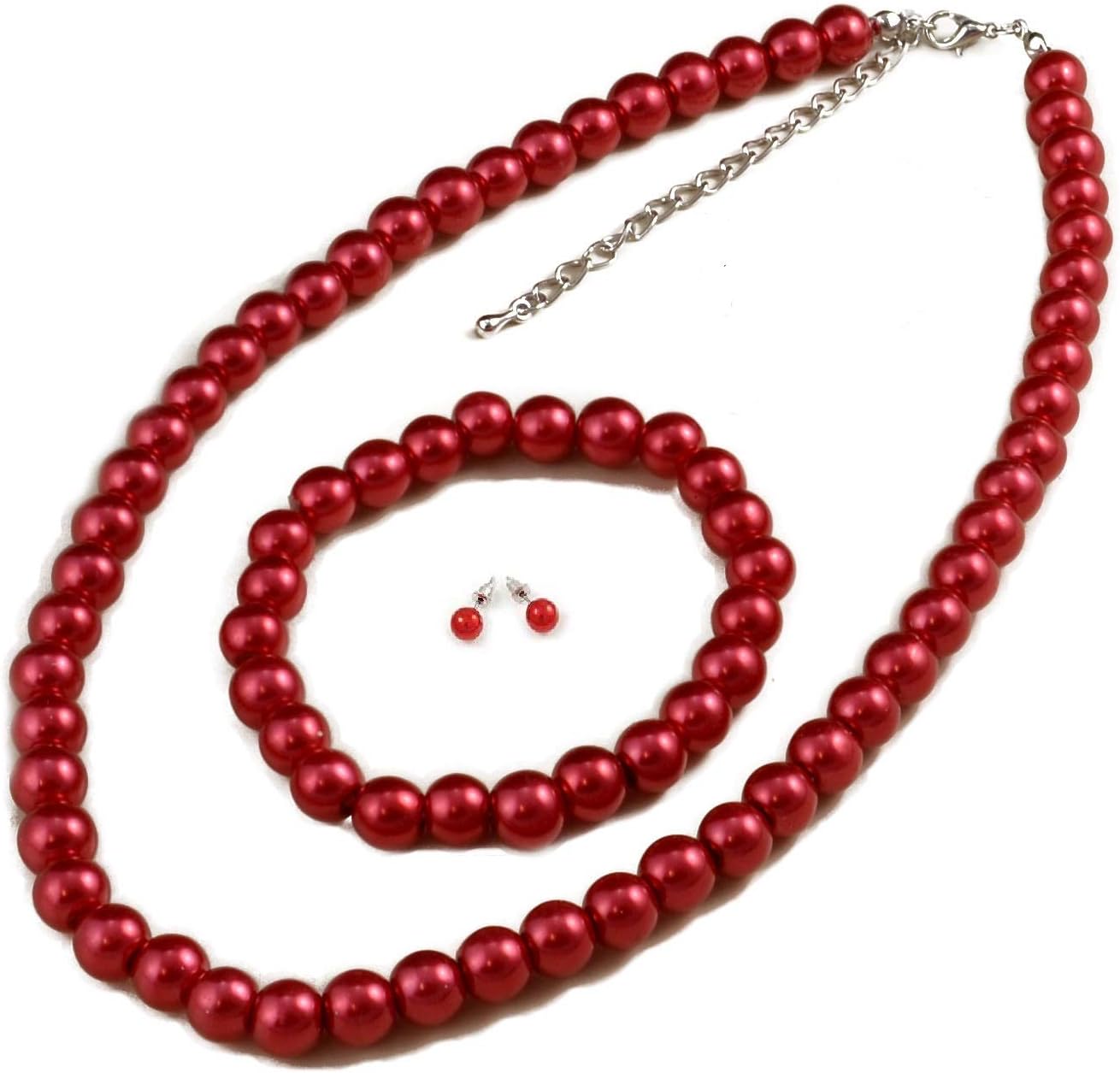 Jay Jewellery - Red Glass Pearl Necklace with Earrings and Bracelet