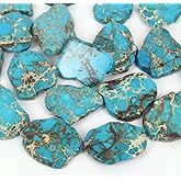 5pcs Adabele Natural Grade A Turquoise Blue Impression Aqua Terra Jasper Loose Beads 15-45mm Large Smooth Free Form Sea Sediment Healing Gemstone Flat Slab Bead (Hole Size 1.1mm) GX7