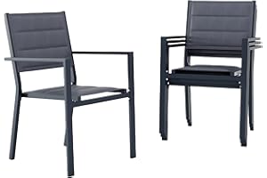 GarveeLife 4 Piece Aluminum Patio Stackable Dining Chairs Set, Outdoor Metal Lightweight Stacking Dining Chair with Textilene Fabric, for Backyard Lawn Deck Poolside Porch Bistro, Dark Grey