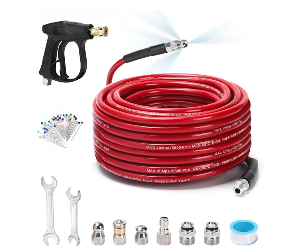 Photo 1 of Sewer Jetter Kit for Pressure Washer 50 FT, Drain Cleaner Hose with Power Washer Gun, 1/4 Inch NPT Corner, Rotating and Button Nose Sewer Jetting Nozzle,Waterproof Tape, Pearl Corsage Pin, Spanner