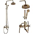 gotonovo Bathroom Shower Faucet Rain Mixer 8 Inch Round Shower Head Double Cross Handle with Tub Spout Wall Mount Bathroom Shower Fixtures 3 Function Metal Handheld Sprayer Antique Brass