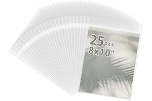 Frametory, 8 1/4" x 10 1/8" Acid-Free Clear Plastic Bags, Self Seal Crystal Photo Sleeves for 8x10 Framing Mat Mattes, Prints, Artwork - 25 Pack