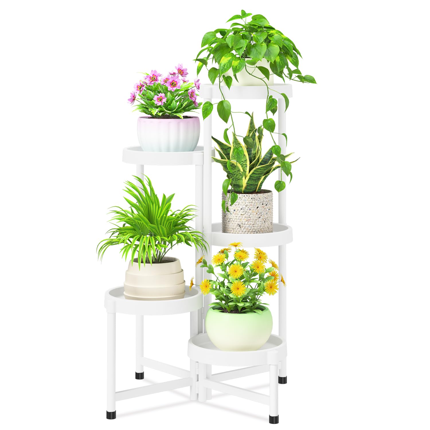 Photo 1 of iDavosic.ly 5 Tier Folding Plant Stand Indoor Outdoor with Plastic Tray, Tiered Corner Flower Holder Shelf, Metal Orchid Display Rack for Patio Porch Living Room Garden Balcony, White