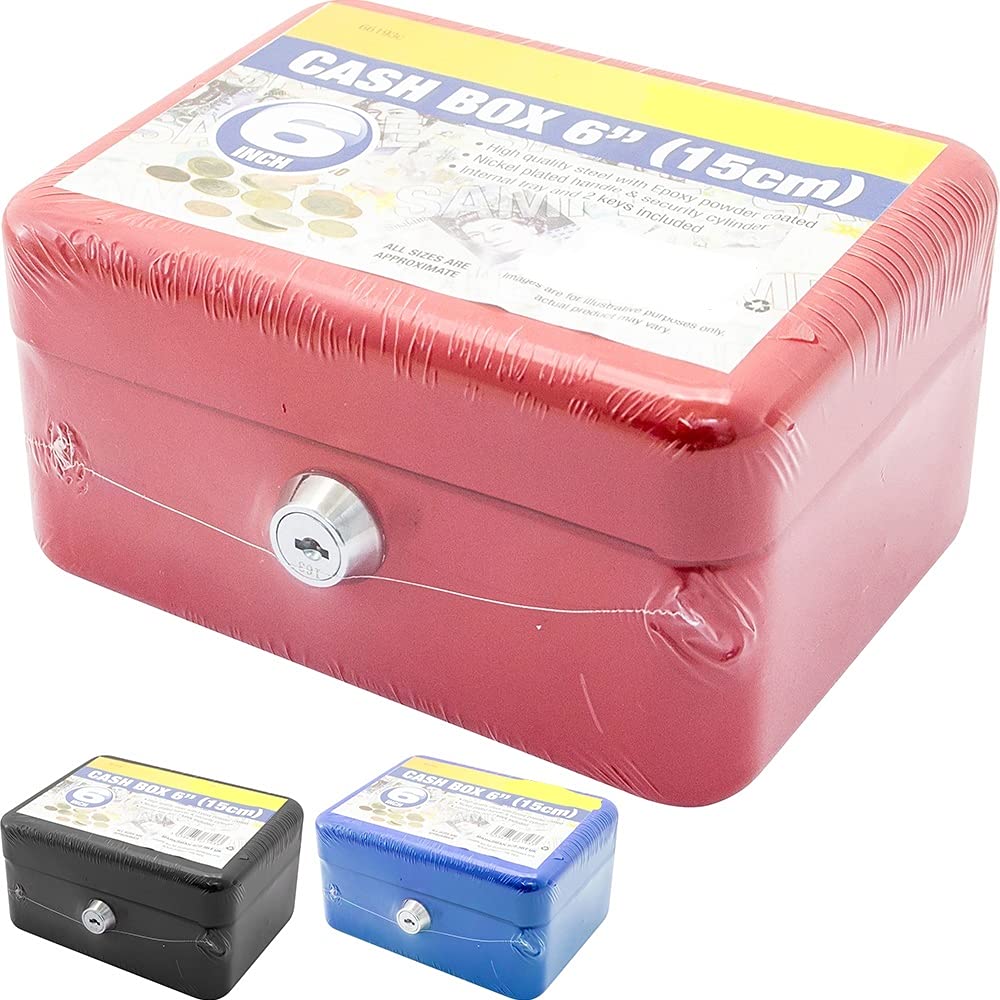Homespired® Heavy Duty Steel Tin Cash Box Money Box - Locking Petty Cash Safe with Removable Coin Tray - Portable Cash Storage Box - Ideal for market Stalls, Stands, Home etc (6" (15cm))