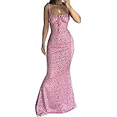 Women Backless Maxi Dress Sexy Sleeveless Spaghetti Strap Floral Bodycon Maxi Dress Cocktail Party Long Dress