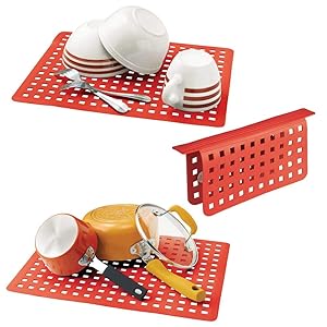 mDesign Decorative Kitchen Plastic Sink Protector Set - Protect Surfaces and Dishes - Quick Draining, Modern Slotted Design - Includes 1 Saddle, 2 Large Mats - Set of 3 - Red