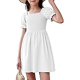 JiAmy Girls Summer Dress Ruffle Puff Sleeve Casual Dresses for Kids Square Neck Smocked Flowy Dress 5-14 Y