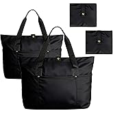 Dimore 2 Pack Foldable Tote Bags for Women, Black Large Capacity Travel Shoulder Bag Set Lightweight Waterproof Work Gym Shopping Handbags with Pockets