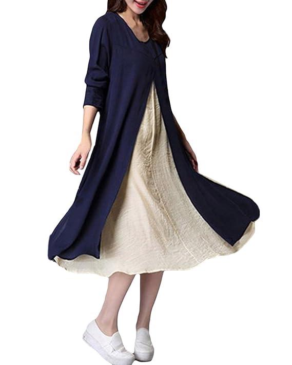 ZANZEA Women Vintage Aline Loose Fake twopiece Fluid Systems Long