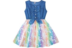 Enlifety Little Girls Princess Dresses Sleeveless Denim Tops Sundress Floral Print Tutu Skirts One-Piece Outfit 2-8T