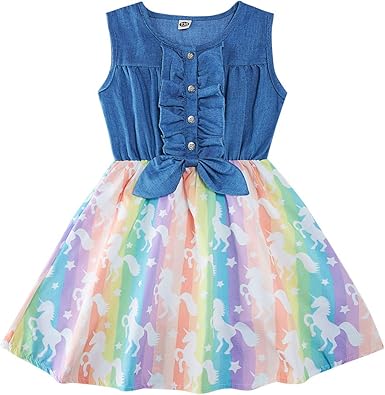 Amazon Com Enlifety Little Girls Princess Dresses Sleeveless Denim Tops Sundress Floral Print Tutu Skirts One Piece Outfit 2 8t Clothing