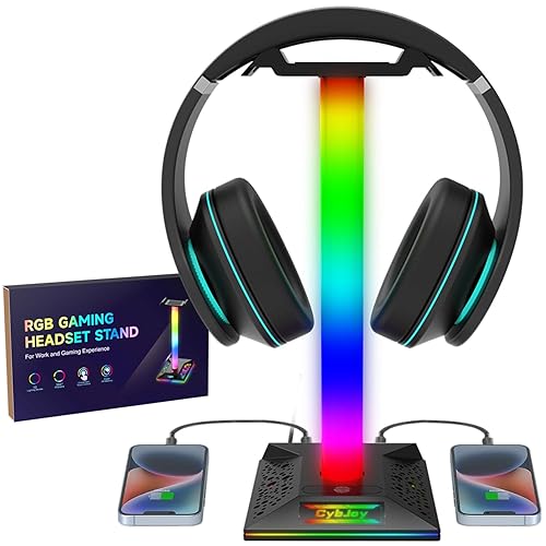 CybJoy Gaming Headphone Stand PC Accessories - RGB Headset Stand with 2 USB and 1 Type-C Ports, LED Headphone Stand Gift for Boys Men, Computer Game Accessories for Desk