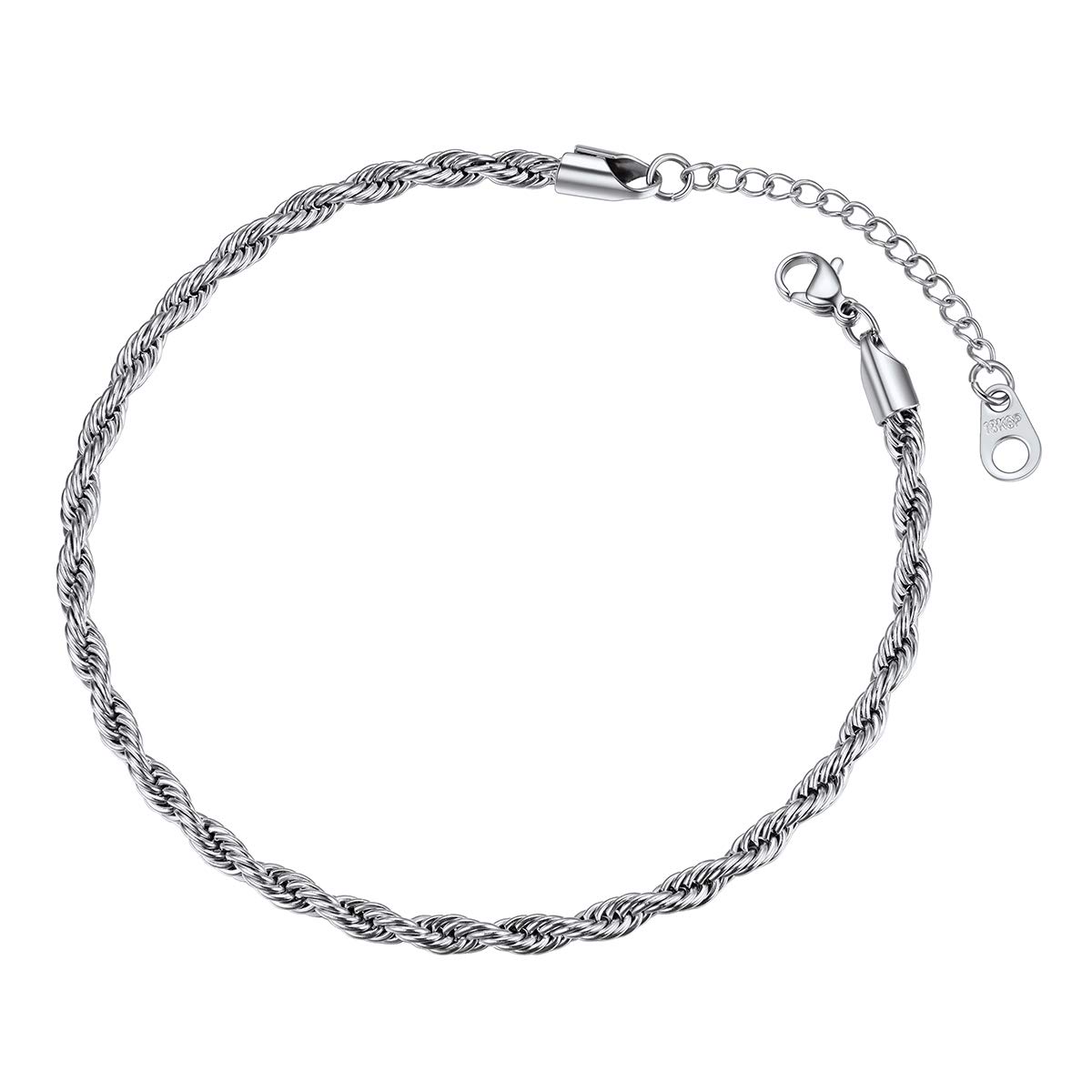 FOCALOOK Anklets for Women Twist Rope Ankle Bracelet Silver Stainless Steel Foot Jewellery Chain for Beach Vacations Adjustable 8-10 Inch