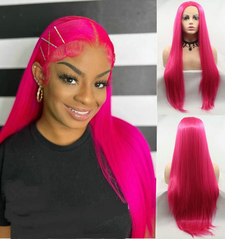 SereneWig 24" Bright Pink Wig Long Straight Synthetic Lace Front Wigs for Women Hot Red Pink Half Hand Tied Heat Resistant Fiber Wigs Middle Part Daily Wear Cosplay Wigs Drag Queen