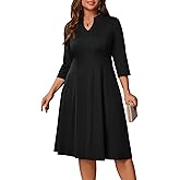 Runwind Plus Size Dresses for Curvy Women, V-Neck 3/4 Sleeve Semi-Formal Fall Church Wedding Guest Cocktail Party Midi Dress
