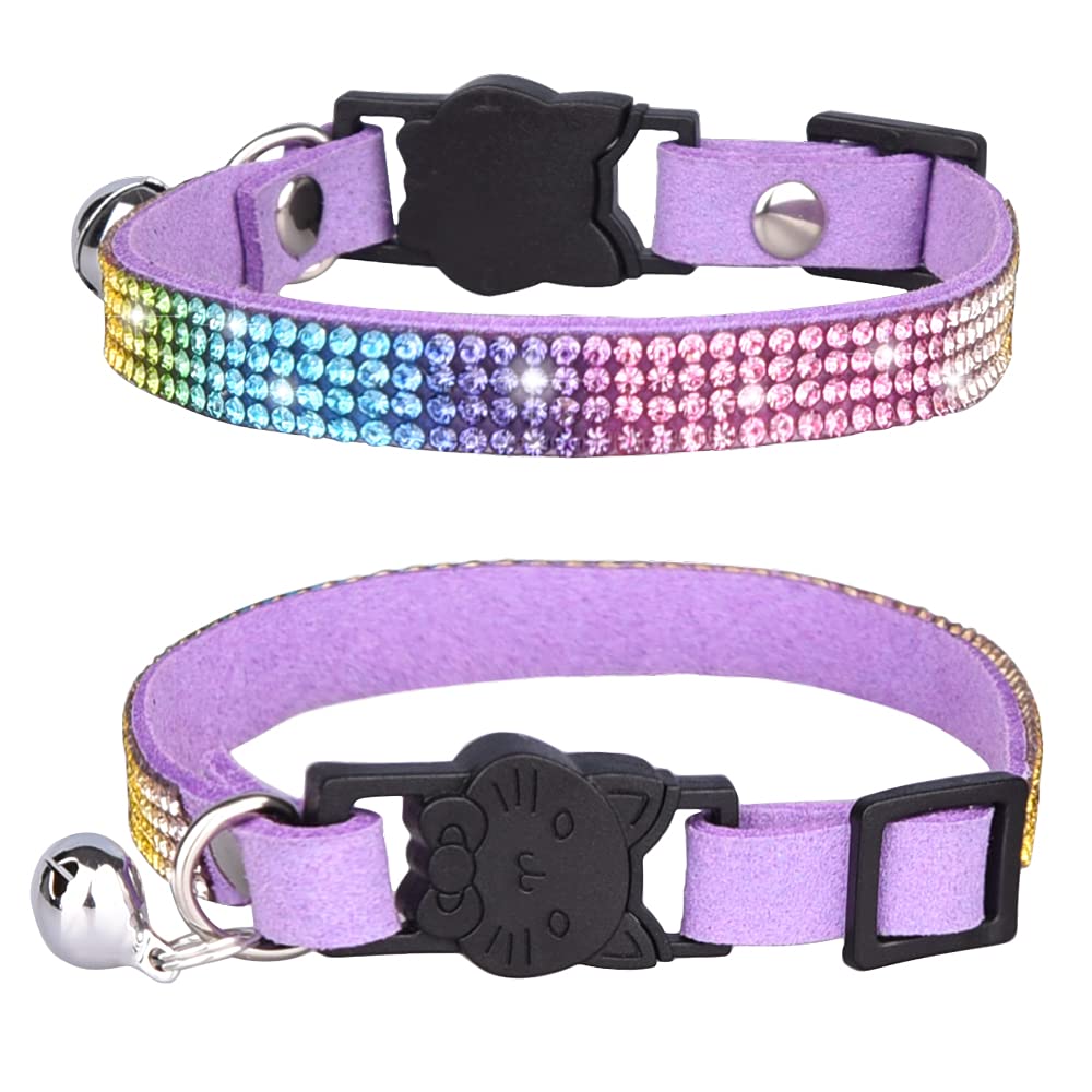 Pet Collar,Cat Collar with Bell Safety Buckle Release,Bling Bling Rainbow Rhinestone Kitten Collars Adjustable 20-25cm for Cats Puppy small dogs