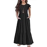 HOSIKA Girls Summer Ruffle Short Sleeve Crew Neck Loose Casual Flowy Tiered Maxi Dress with Pockets for 6-12 Y
