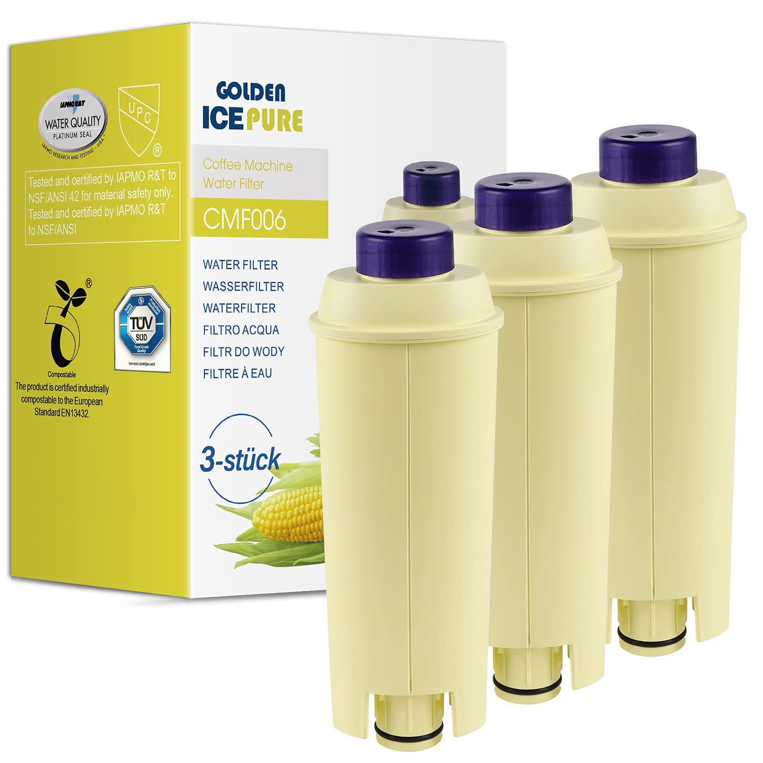 GOLDEN ICEPURE Coffee Machines Water Filter Compatible with De'Longhi DLSC002, SER3017 & 5513292811,De Longhi,ECAM, Esam, ETAM, BCO, EC-Series, 3 Pieces