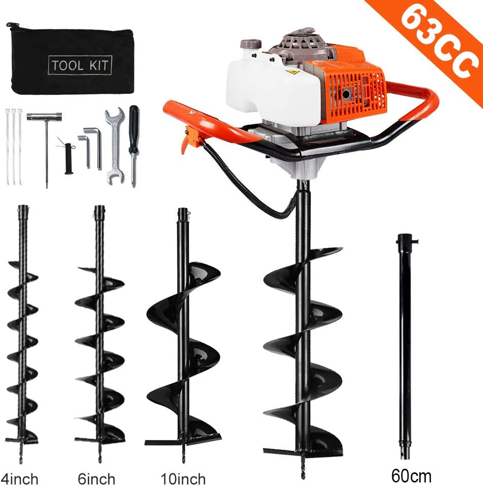 ECO LLC 63cc Post Hole Digger Auger Petrol Drill Bit Earth Borer with 3 Bits 4" 6" 8"Drill Bit Earth Digger + 23'' Extention Rod