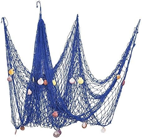 For Jaunty Mood Decorative Fish Net with Bonus Lifebuoy and Seashells, Mediterranean Style Nautical Decor, Wall and Home Decor, Party Supplies, Wall Art,6'7 x 4'11 Large Size (200x150cm)-Blue
