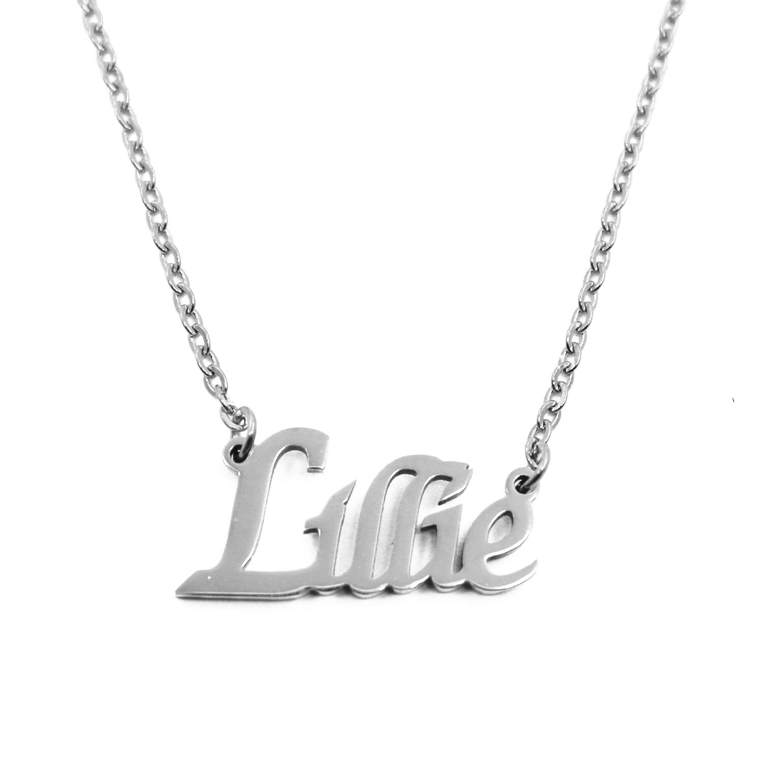 Kigu Lillie Personalised Name Necklace 18ct Silver Tone, Custom Dainty Name Pendants, Jewellery for Ladies, Girlfriend, Mother, Sister, Friends