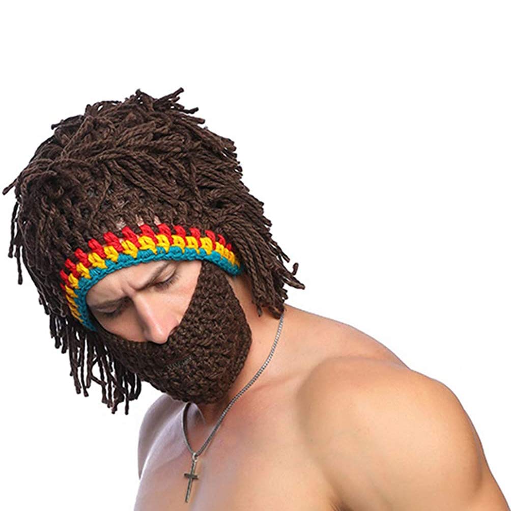 Maibar Hat Knitted Men Winter Warm Woolen Funny Hats Creative Handmade Beard Wig Hats Knitting Skullies Beanies Decoration with Mouth-Muffle (Short Hair)