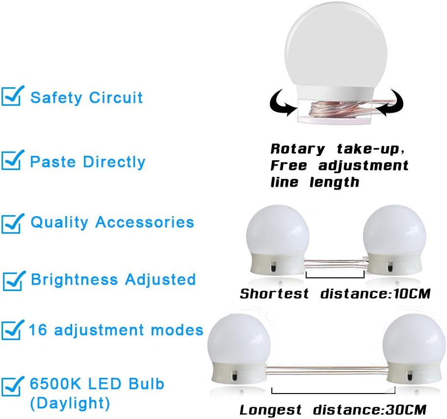 SICCOO Makeup Vanity Lights for Mirror, Hollywood Style LED Vanity Mirror Lights with 14 dimmable Bulbs, USB Cable, White: Home Improvement