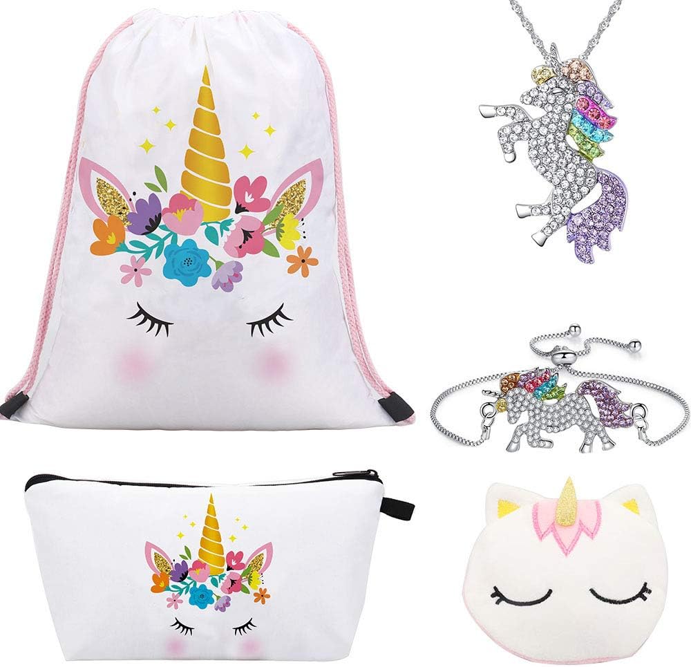 Unicorn Gifts for Girls 5 Pack, Unicorn Drawstring Backpack/Makeup Bag/Unicorn Pendant Necklace/Bracelet/Unicorn Ring