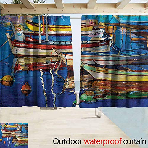 AndyTours Exterior/Outside Curtains,Country Folk Art Style Paint of Boats on Shore at Golden Yellow Sunset Cruising by The Sea,Rod Pocket Energy Efficient Thermal Insulated,W55x72L Inches,Multicolor